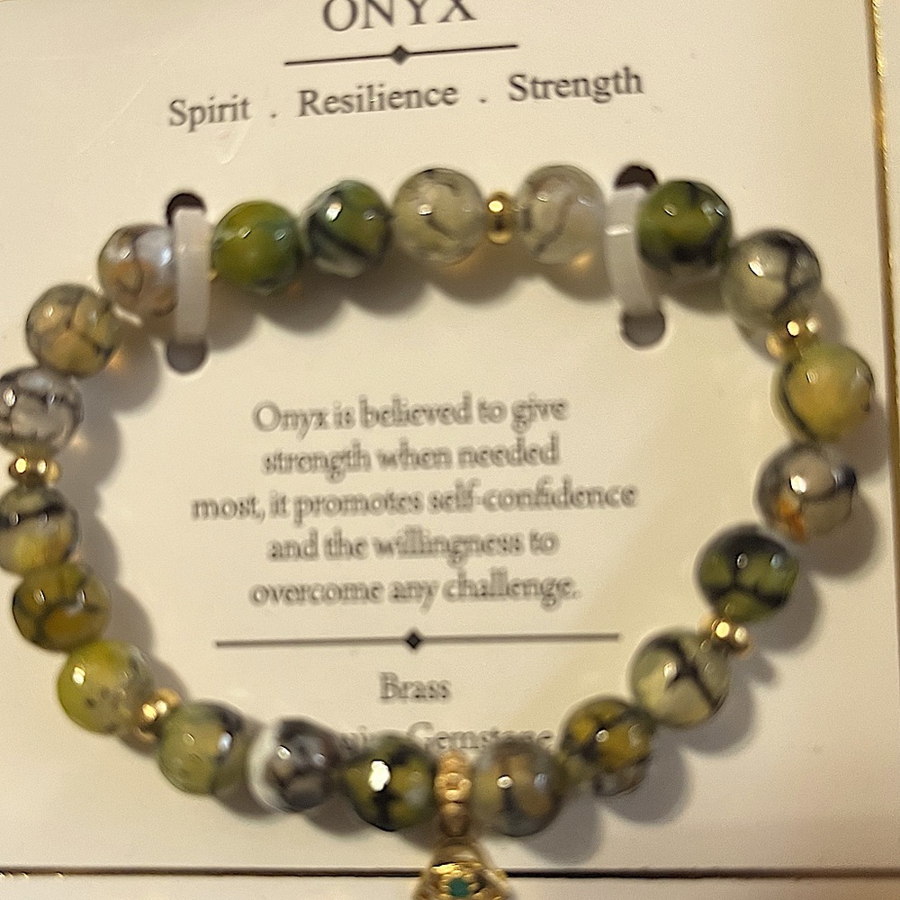 Onyx Gemstones Stretch Shivam 14k GP Sterling Silver Hamsa Hand